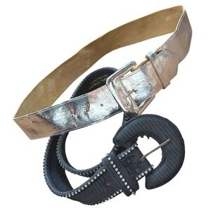 Y2K Mcbling Belt Bundle Silver Metallic Leather & Black Rhinestone Western S